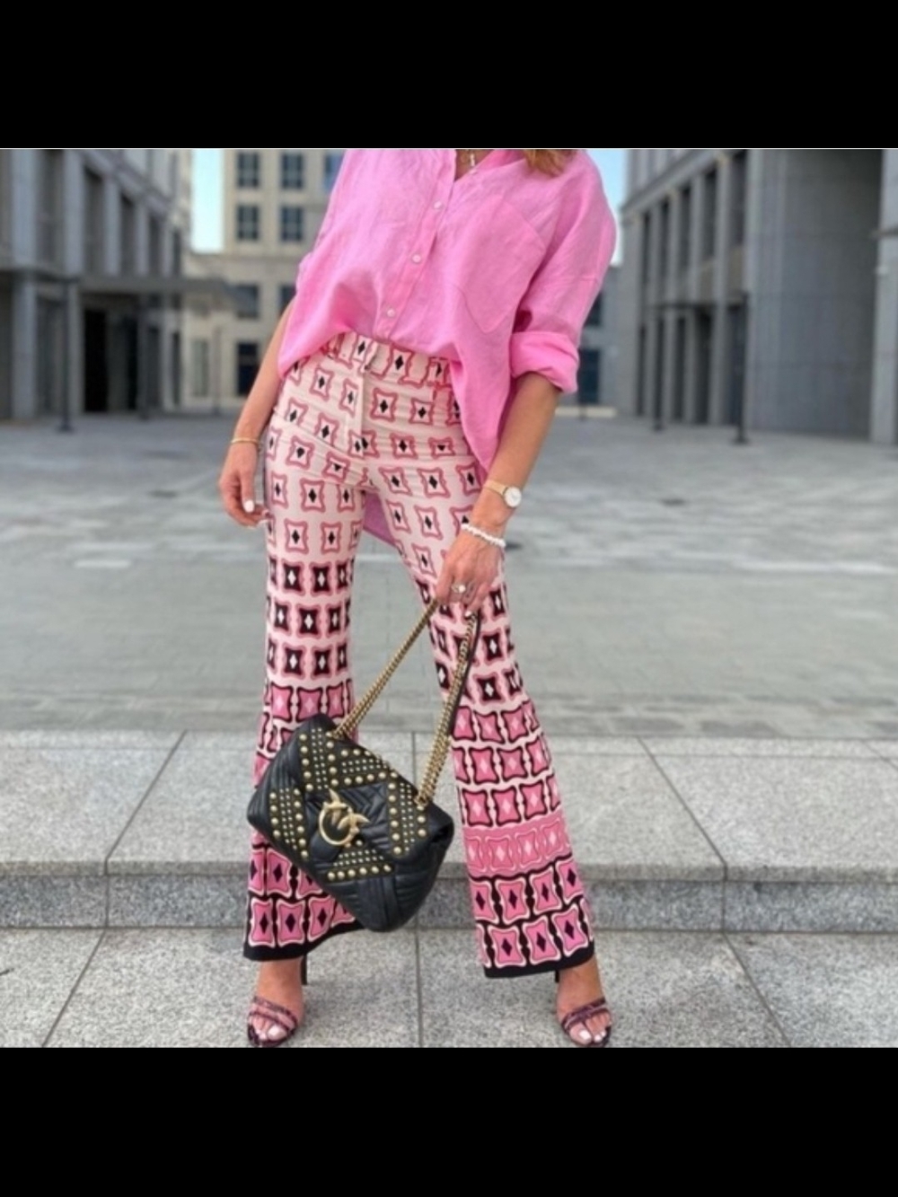 Zara High Waist Pants Flared Geometric Pink Retro Party Resort Chic Glam Size S